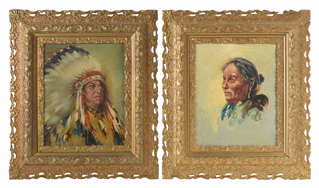 LOT OF 2: LOVELY PAIR OF FRAMED ORIGINAL NATIVE AMERICAN CHIEF & SQUAW OIL PAINTINGS.