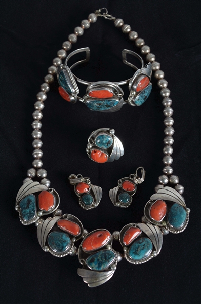 LOT OF 5: TURQUOISE & CORAL ACCENTED SILVER JEWELRY.