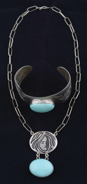 LOT OF 2: ROBIN EGG TURQUOISE NECKLACE AND CUFF BRACELET.