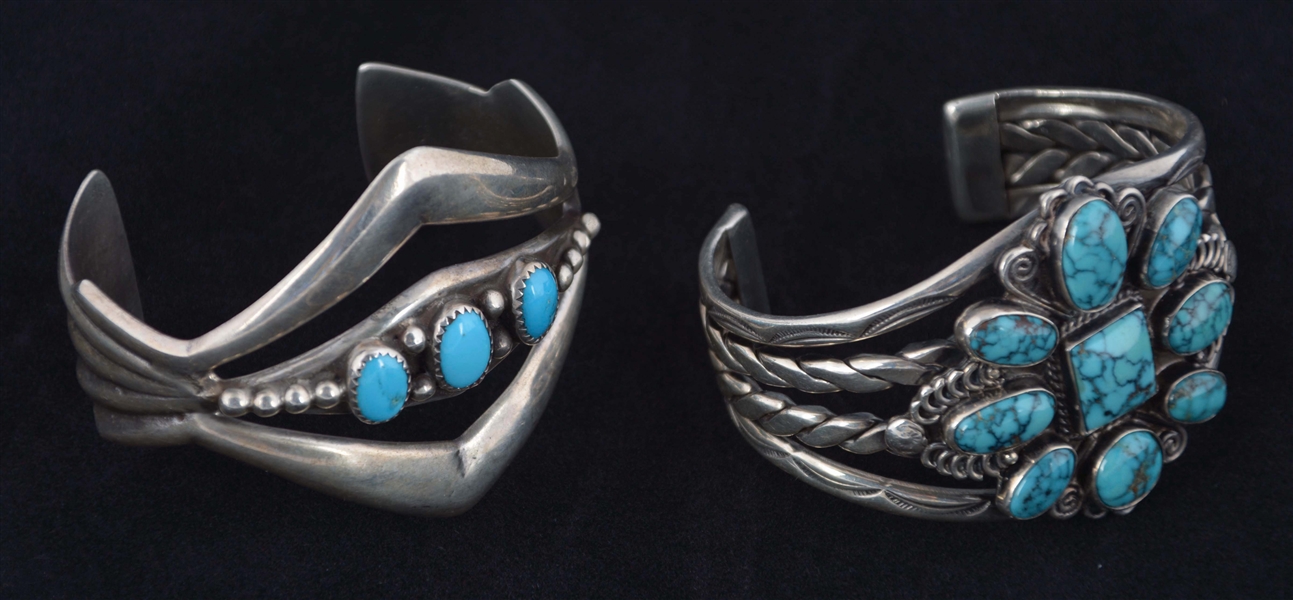LOT OF 2: SILVER & TURQUOISE CUFF BRACELETS.