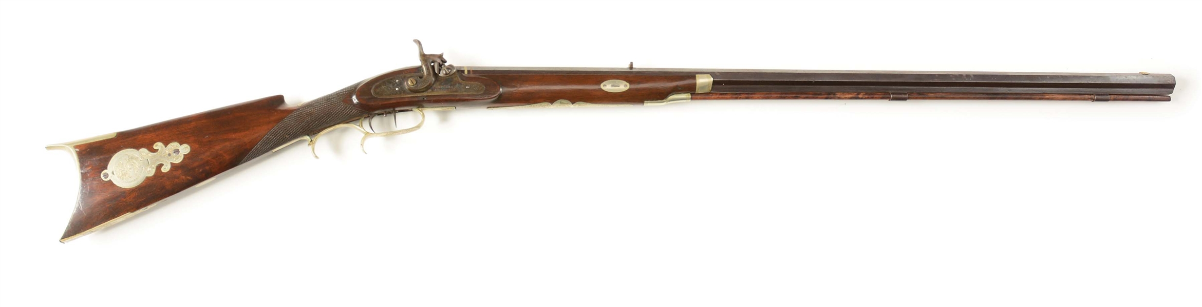 (A) EXQUISITIVE H. SHENK LANCASTER HALF STOCK KENTUCKY PERCUSSION SPORTING RIFLE.