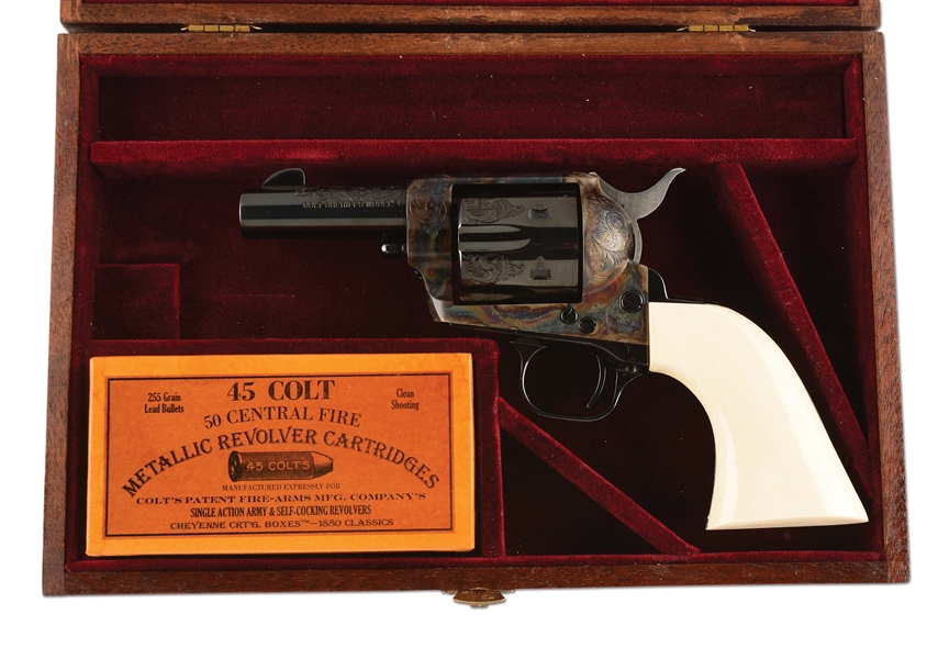 (M) CASED & ENGRAVED COLT SHERIFFS MODEL SINGLE ACTION ARMY REVOLVER WITH IVORY GRIPS (1984).