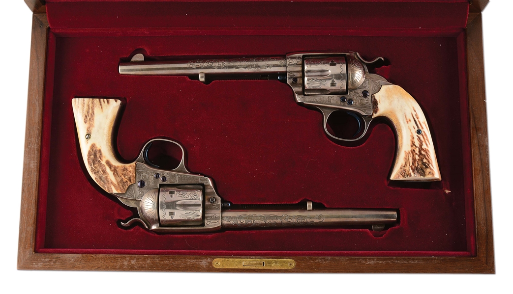 (C) EXQUISITE CASED, SILVER PLATED & ENGRAVED PAIR OF COLT BISLEY MODEL SINGLE ACTION ARMY REVOLVERS.