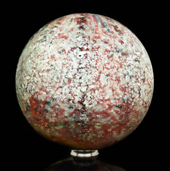 RARE SINGLE PONTIL FOUR LOBED ONIONSKIN WITH BLIZZARD MICA MARBLE.