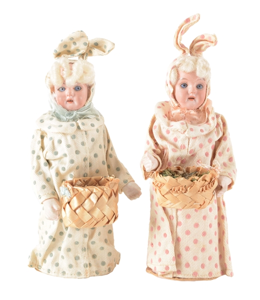 LOT OF 2: SMALL BISQUE HEAD GIRLS IN POLKA DOT GOWNS.