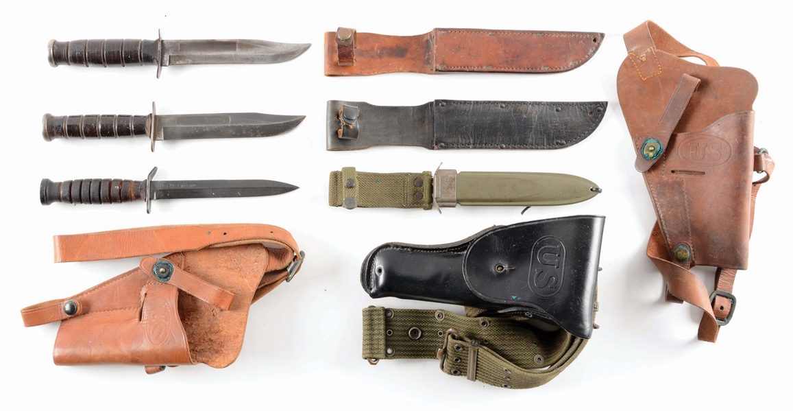 LOT OF 6: THREE U.S. FIGHTING KNIVES AND THREE 1911 HOLSTERS.