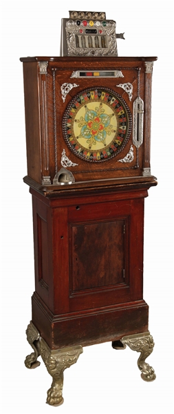 **5¢ CAILLE BROS. OUR BABY COUNTER WHEEL SLOT MACHINE ON STAND. 