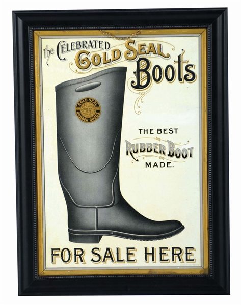 TIN GOLD SEAL BOOTS SIGN IN FRAME. 