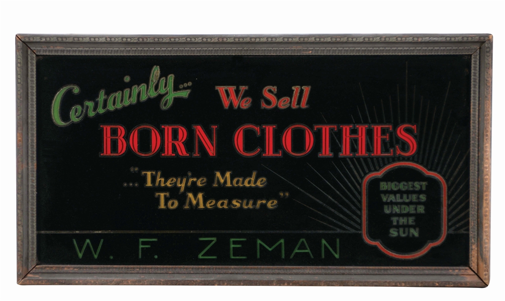 W. F. ZEMAN "WE SELL BORN CLOTHES" GLASS SIGN. 