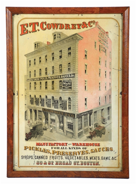 E. T. COWDREY & CO. TIN ADVERTISING SIGN. 