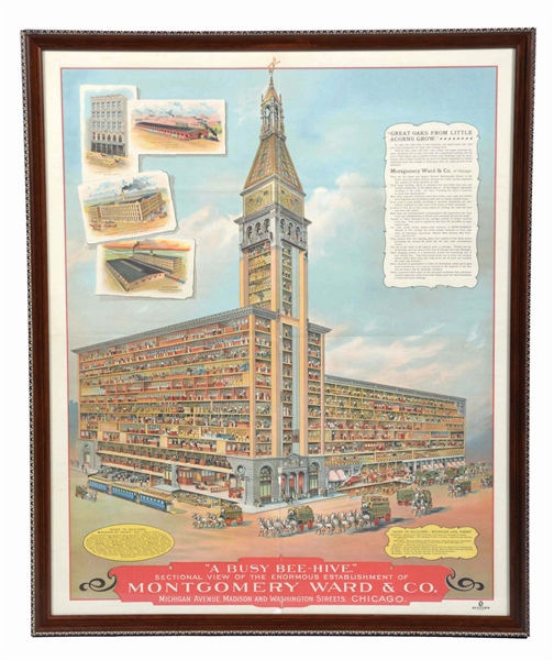FRAMED "A BUSY BEE-HIVE." ADVERTISING LITHOGRAPH. 