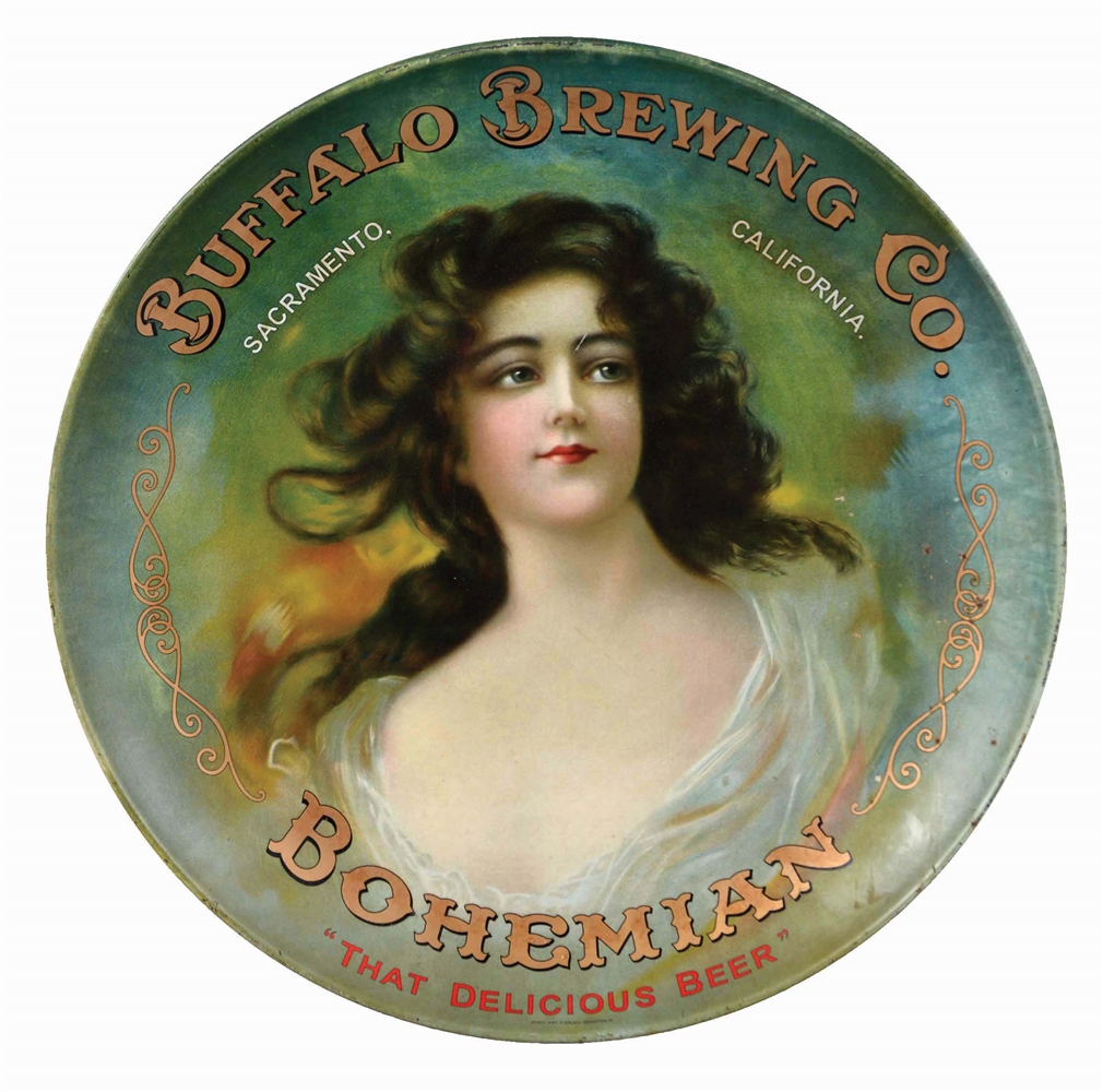 BUFFALO BREWING CO. BOHEMIAN BEER TIN LITHO ADVERTISING CHARGER.