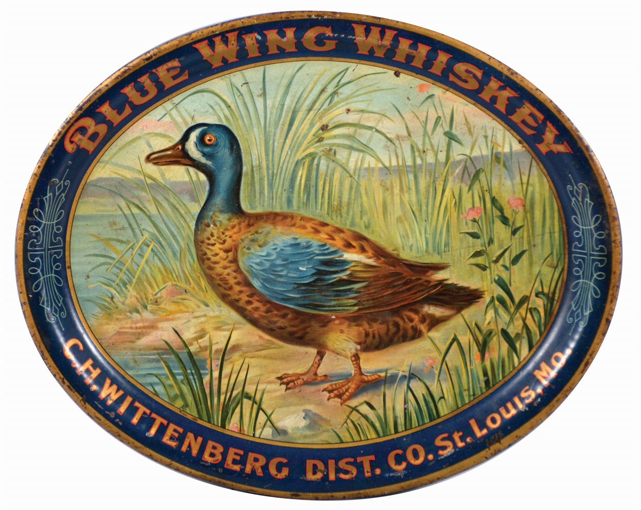 BLUE WING WHISKEY TIN LITHO ADVERTISING CHARGER. 