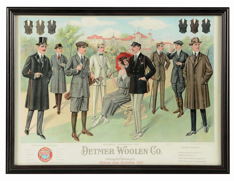 FRAMED 1922 DETMER WOOLEN CO. ADVERTISING POSTER WITH GOLFER. 