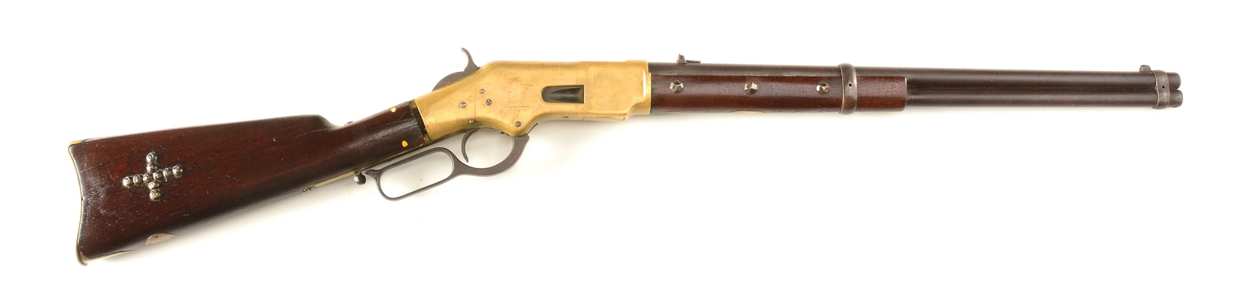 (A) INDIAN STYLE DECORATED WINCHESTER 1866 LEVER ACTION SADDLE RING CARBINE.