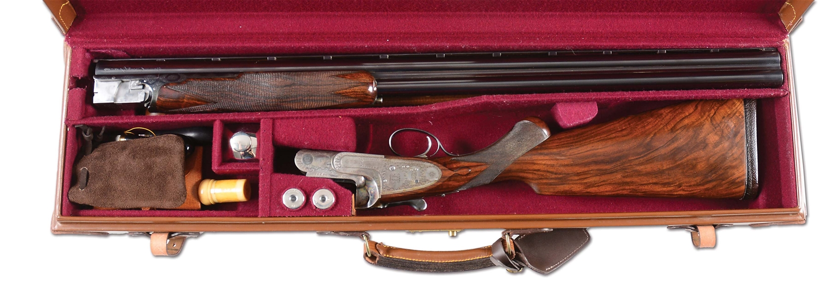 (C) FINE BOSS & CO. SIDELOCK EJECTOR SINGLE TRIGGER OVER-UNDER PIGEON SHOTGUN WITH CASE.