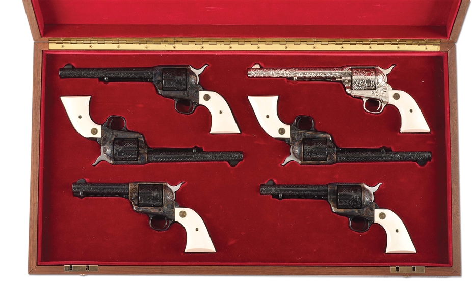(M) LOT OF 6: CASED AND FACTORY "D" ENGRAVED COLT SINGLE ACTION ARMY REVOLVERS.