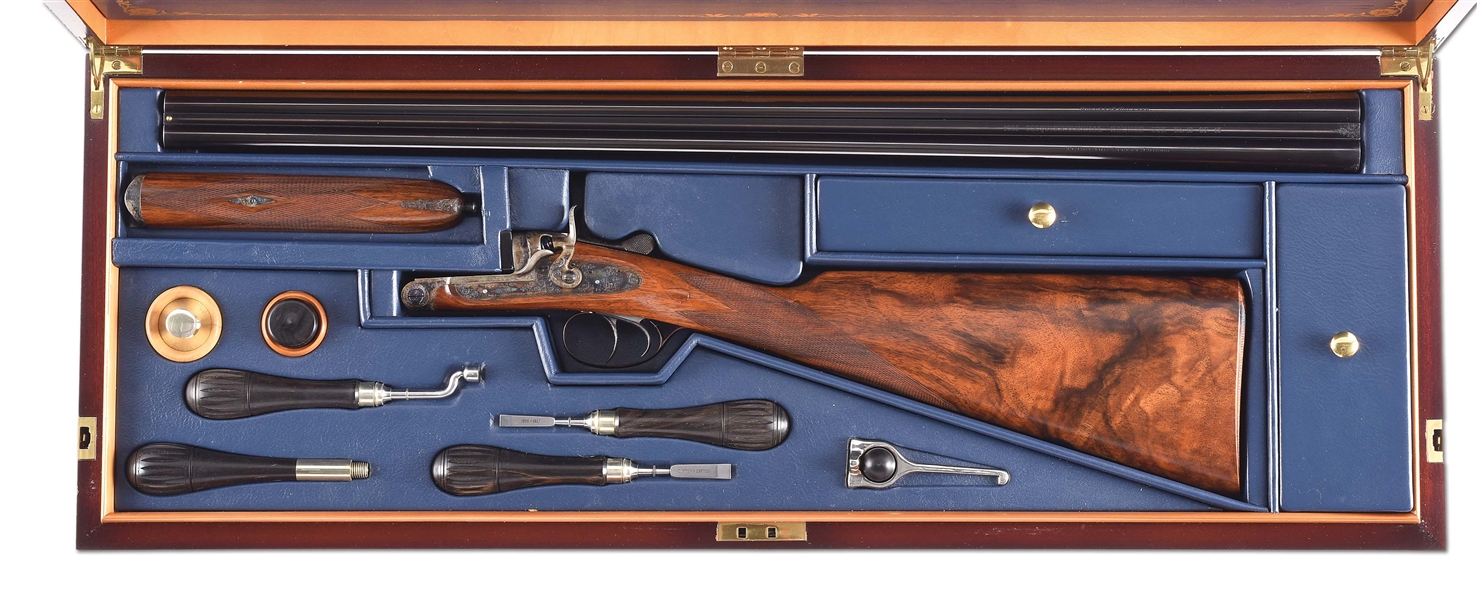(M) DAINTY 20 GAUGE HOLLAND & HOLLAND SESQUICENTENNIAL SHOTGUN WITH MAHOGANY CASE AND ACCESSORIES. 