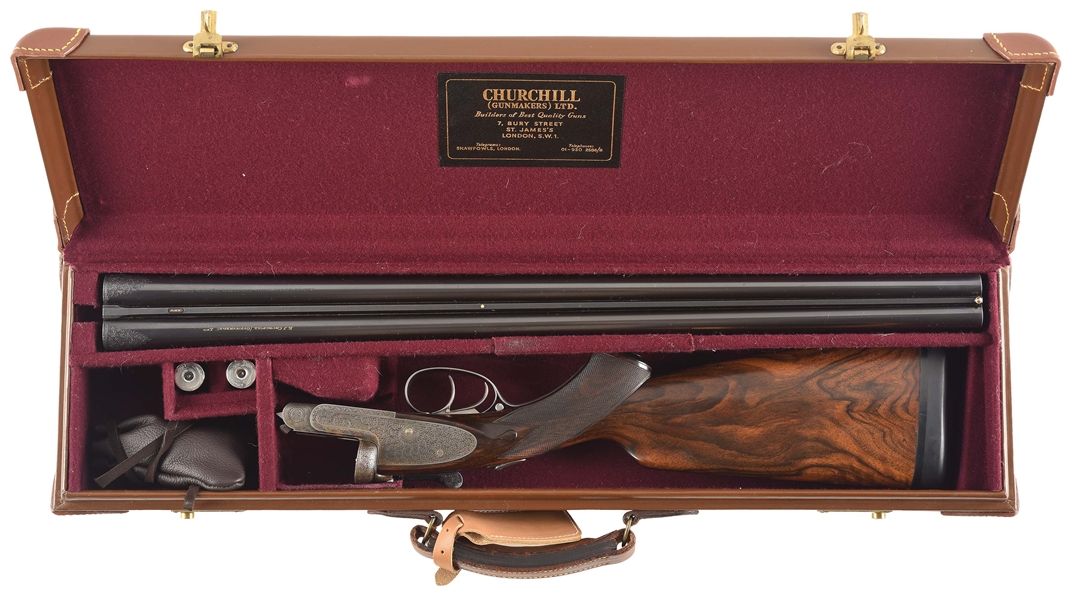 (C) CHURCHILL PREMIERE XXV PINLESS SIDELOCK EJECTOR SHOTGUN MADE FOR L. SIMPSON WITH UNUSUAL "REPEATING TRIGGER" AND CASE.