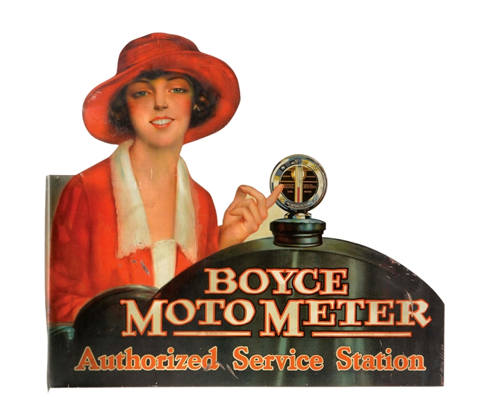 BOYCE MOTO METER AUTHORIZED SERVICE STATION TIN FLANGE SIGN.