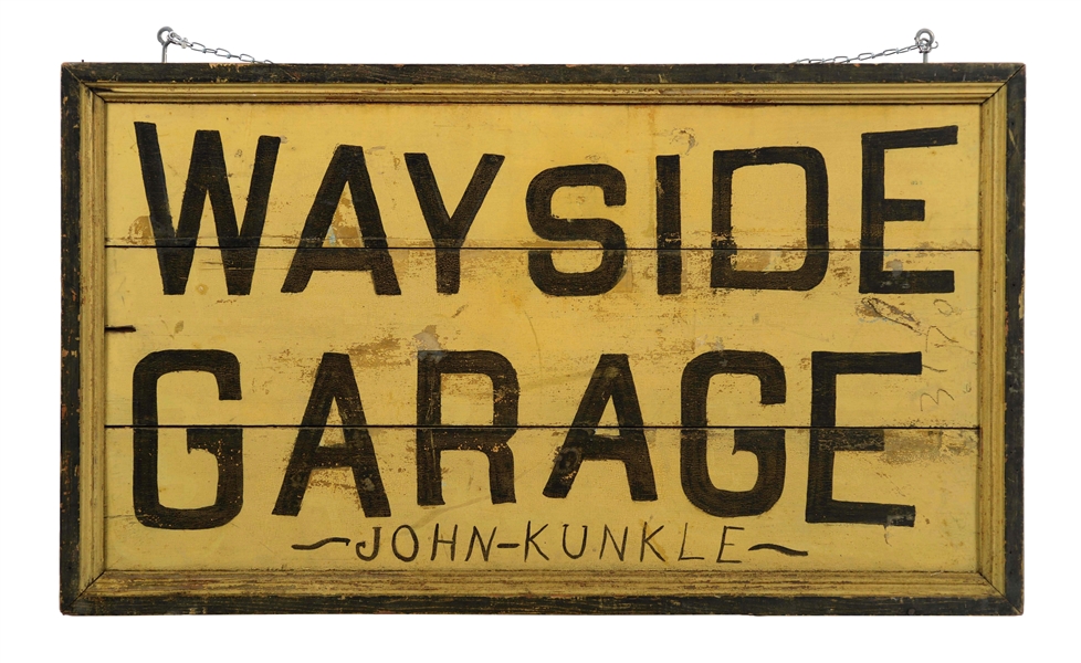 WAYSIDE GARAGE HAND PAINTED WOOD SIGN WITH ORIGINAL WOOD FRAMING.