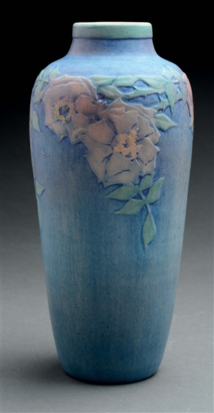 SADIE IRVING, NEWCOMB COLLEGE POTTERY VASE WITH WILD ROSES. 