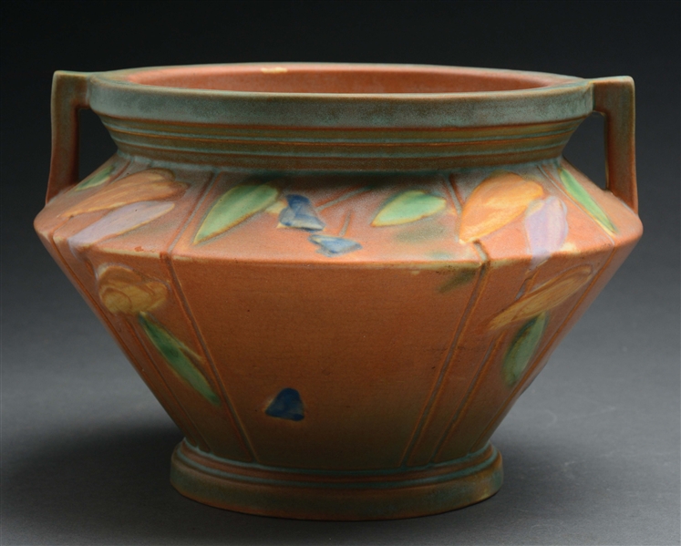 ROSEVILLE POTTERY FUTURA JARDINIERE WITH HANDLES & LEAVES. 