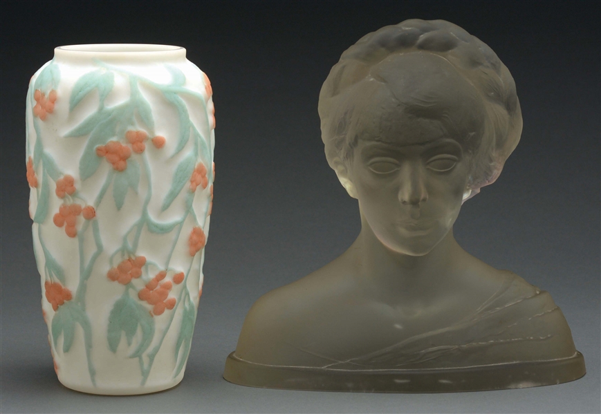 CONSOLIDATED GLASS BERRY VASE & GLASS BUST.