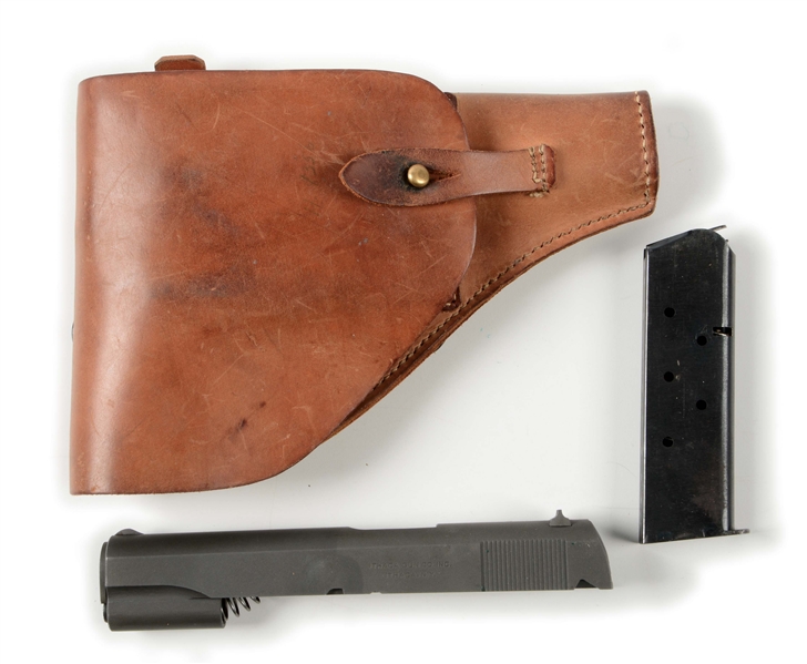 NEAR NEW ITHACA GUN CO. 1911A1 SLIDE WITH MAGAZINE AND HOLSTER.