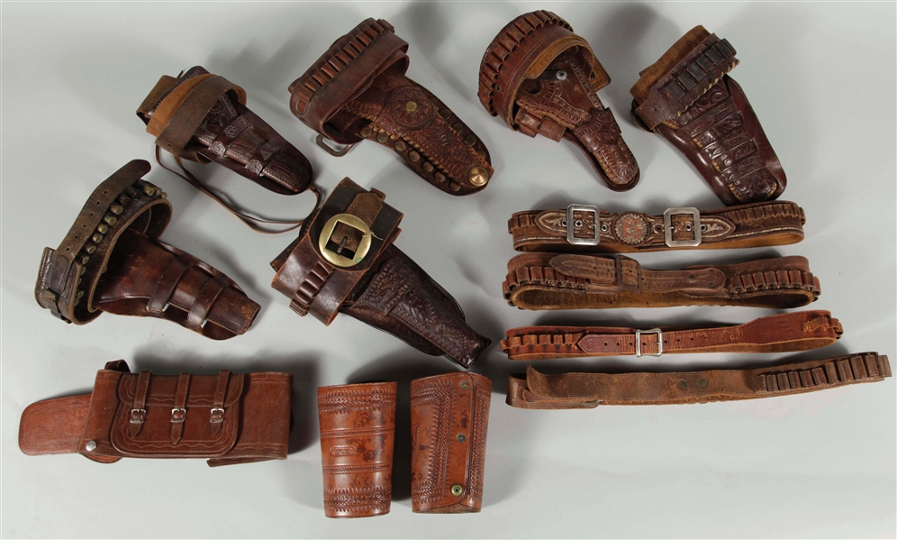LOT OF 12: WESTERN HOLSTERS AND CARTRIDGE BELT AND F.A. MEANEA COWBOY CUFFS.