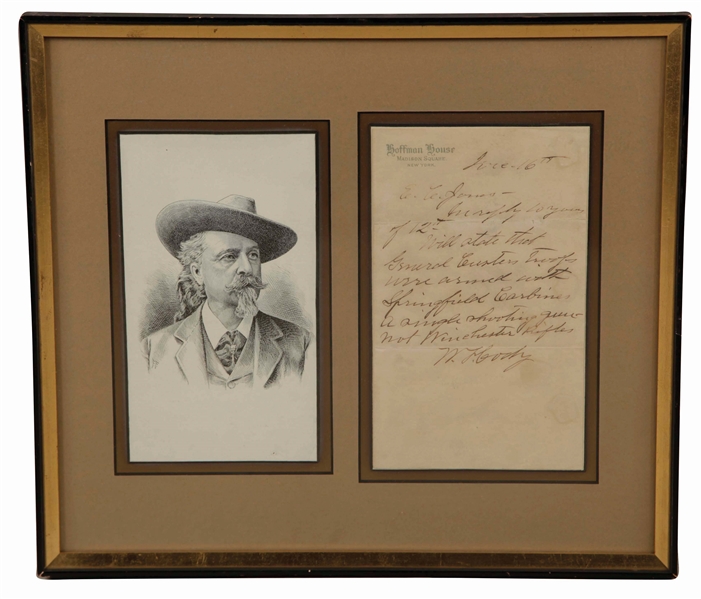 HISTORIC FRAMED BUFFALO BILL LETTER DISCUSSING CUSTER BATTLE WEAPONS. 