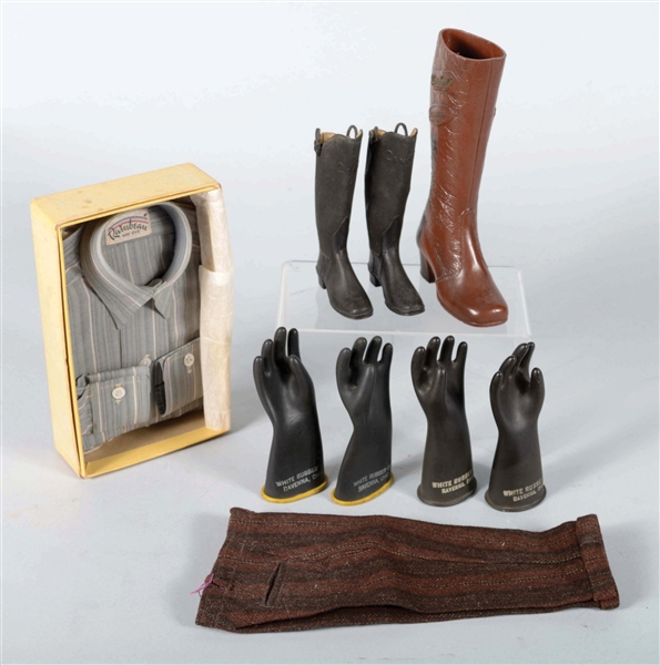 LOT OF 9: SALESMAN SAMPLE BOOTS & CLOTHING. 