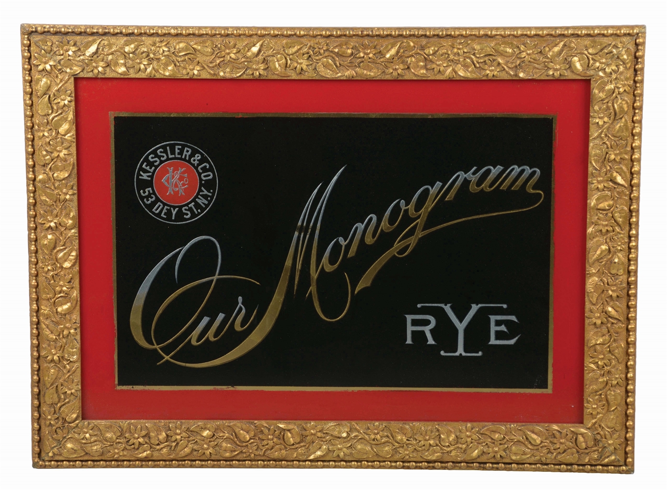 OUR MONOGRAM RYE REVERSE GLASS ADVERTISING SIGN.