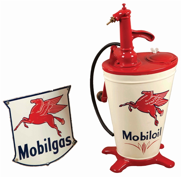 LOT OF 2: MOBIL PUMP AND SIGN.