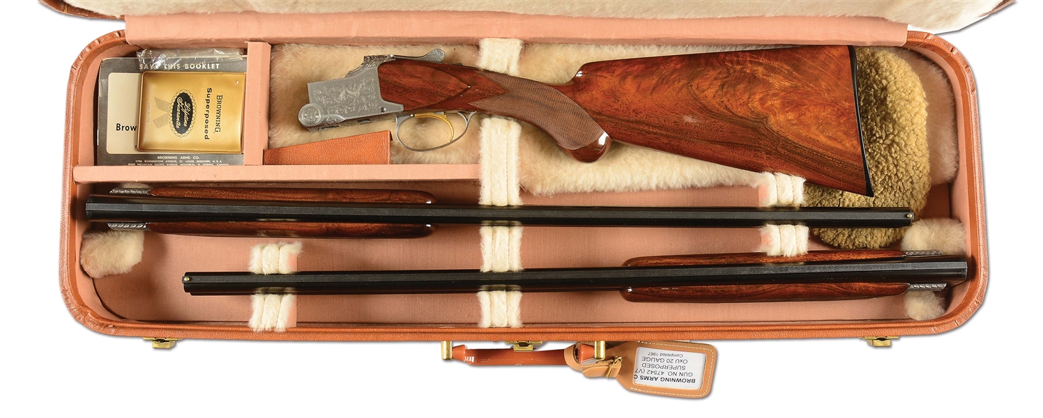 (C) 20 GAUGE BROWNING PIGEON GRADE SUPERPOSED FIELD SHOTGUN WITH EXTRA BARRELS AND CASE.