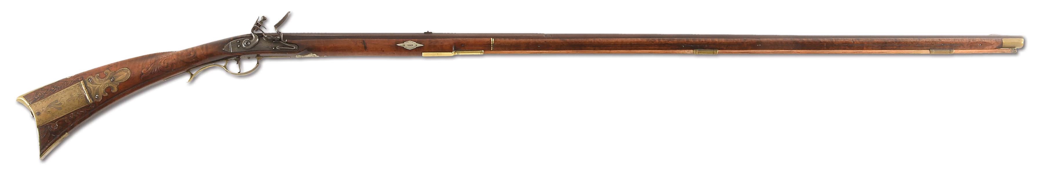 (A) EXTENSIVELY DECORATED FLINTLOCK KENTUCKY RIFLE ATTRIBUTED TO JACOB KUNTZ.
