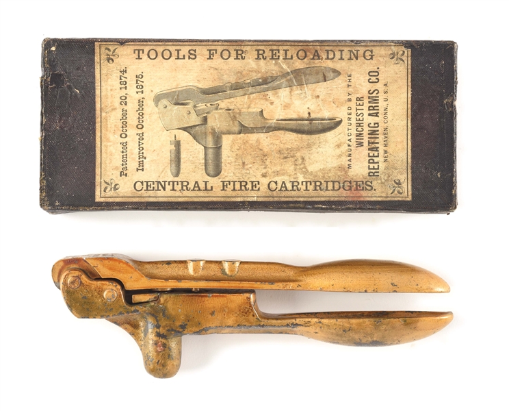 RARE WINCHESTER MODEL 1875 "GOLDEN TOOL" RELOADING TOOL WITH ORIGINAL BOX.