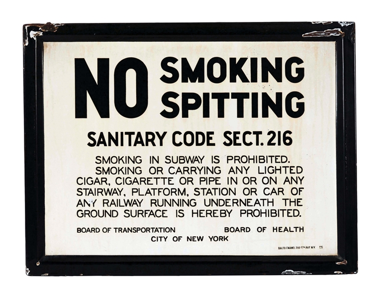 NO SMOKING OR SPITTING NEW YORK SUBWAY SELF FRAMED PORCELAIN SIGN.