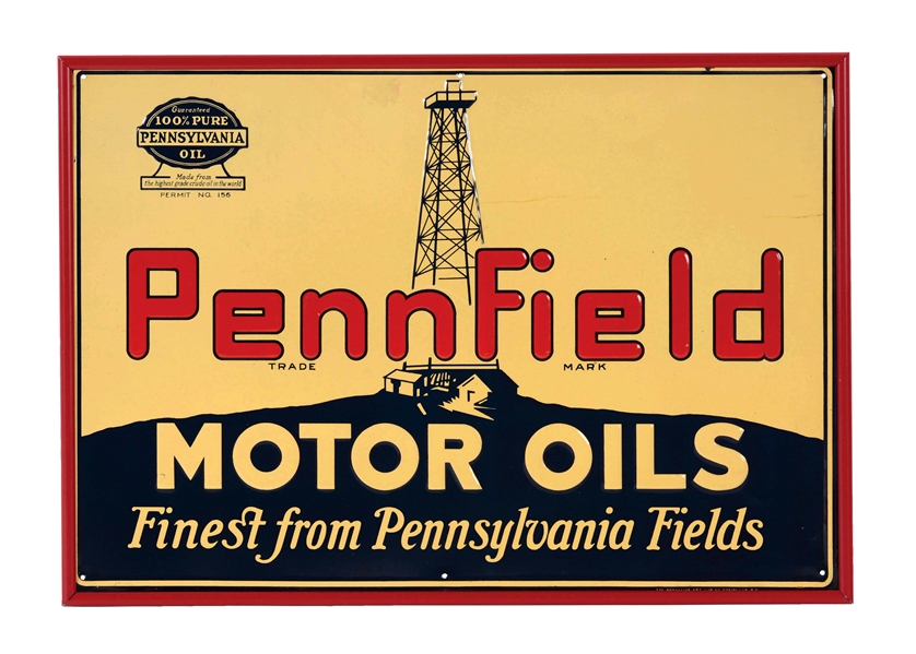 PENNFIELD MOTOR OILS EMBOSSED TIN SIGN WITH OIL WELL GRAPHIC.