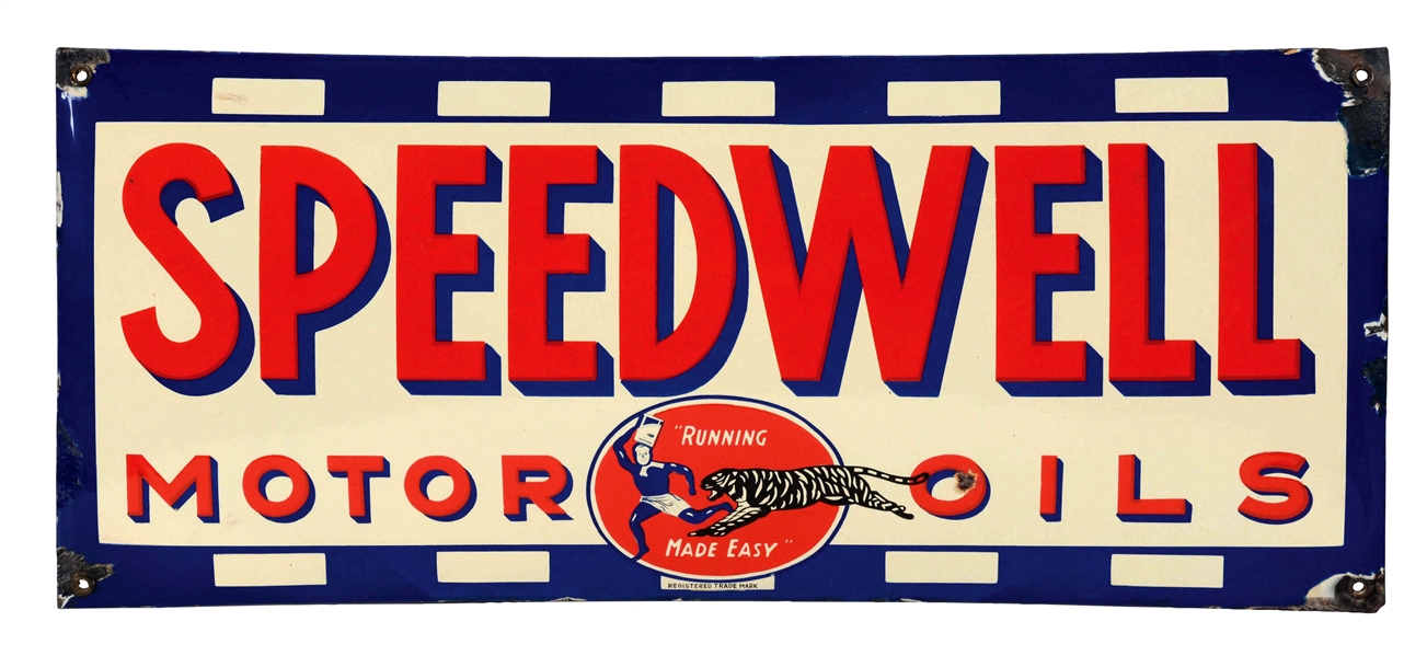 SPEEDWELL MOTOR OILS CONVEX PORCELAIN SIGN WITH TIGER GRAPHIC.