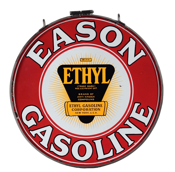 EASON GASOLINE PORCELAIN CURB SIGN WITH NEW IRON RING.