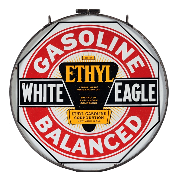 WHITE EAGLE BALANCED GASOLINE PORCELAIN SIGN WITH NEW MOUNTING RING. 