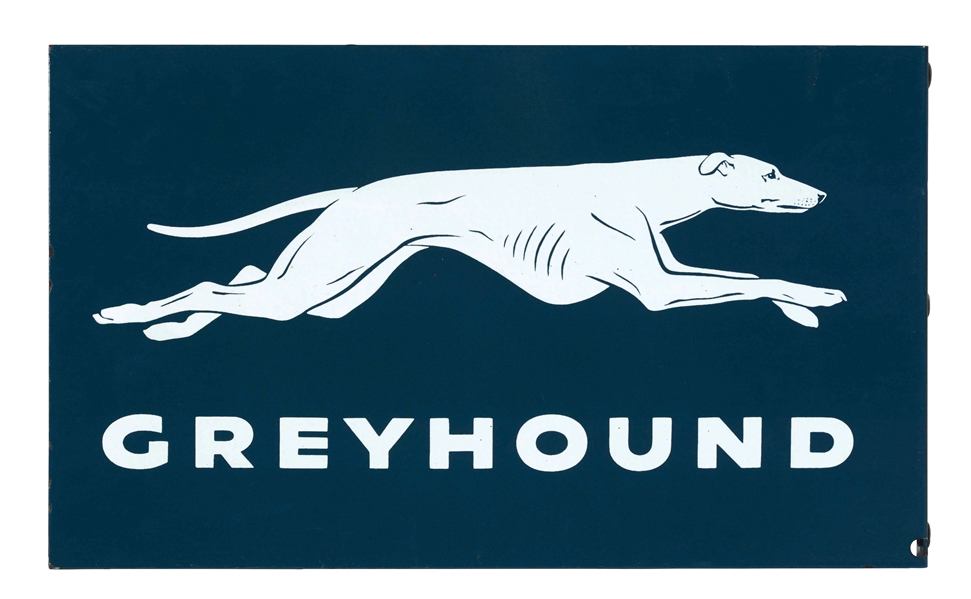 GREYHOUND BUS LINES PORCELAIN FLANGE SIGN WITH DOG GRAPHIC.