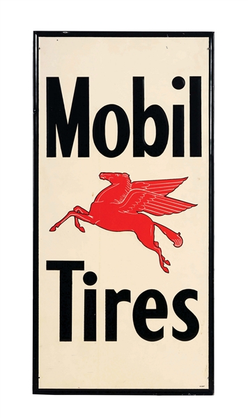 MOBIL TIRES EMBOSSED TIN SIGN WITH PEGASUS GRAPHIC.