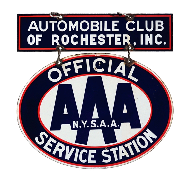 AAA AUTO CLUB OFFICIAL SERVICE STATION TWO PIECE PORCELAIN SIGN.