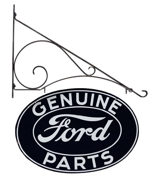 FORD GENUINE PARTS PORCELAIN OVAL SIGN WITH IRON HANGING BRACKET.