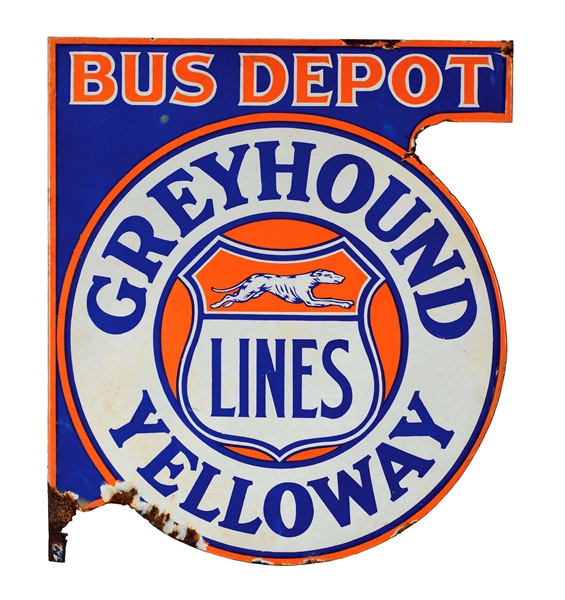 RARE GREYHOUND BUS YELLOWAY LINES BUS DEPOT PORCELAIN FLANGE SIGN.