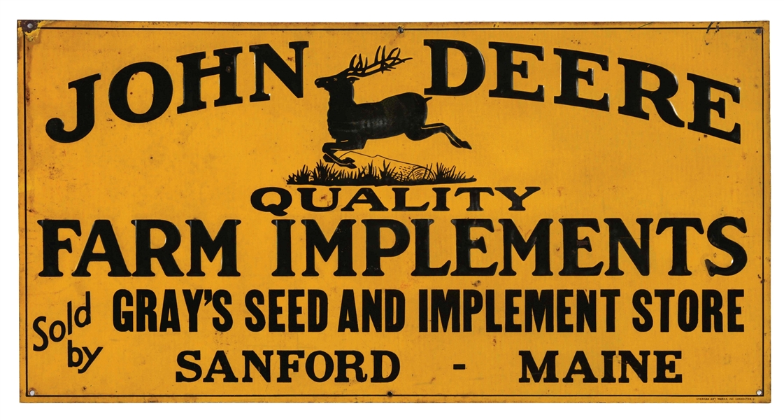 JOHN DEERE QUALITY FARM IMPLEMENTS EMBOSSED TIN SIGN.