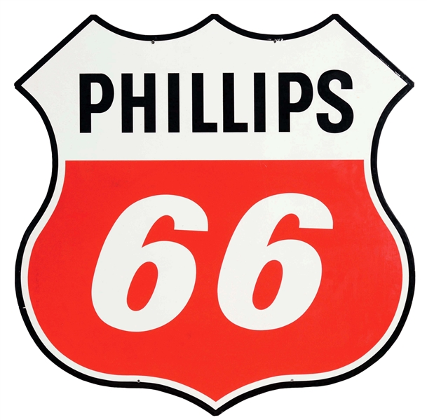 PHILLIPS 66 GASOLINE DIE-CUT PORCELAIN SHIELD SIGN.