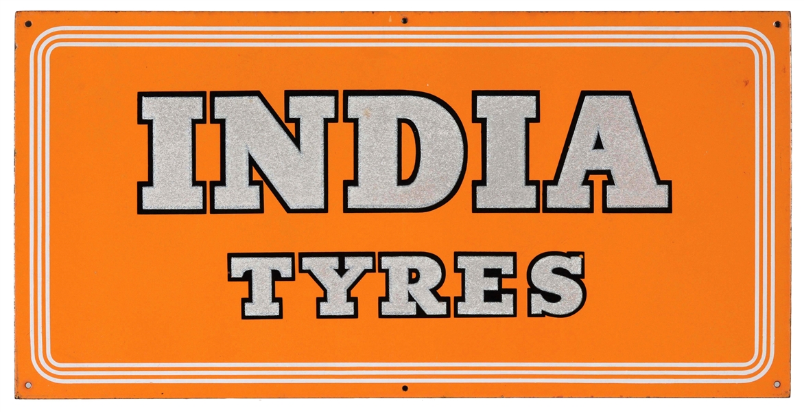 INDIA TYRES PORCELAIN SIGN WITH SMALTZ PAINTED LETTERING.